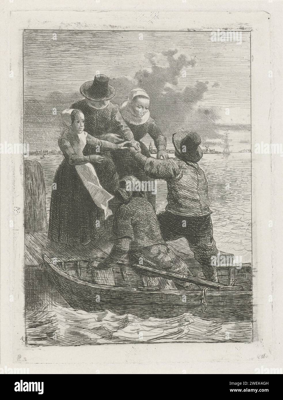 Shifting, Reinier Craeyvanger, 1822 - 1880 stampa Uno skipper aiuta una famiglia di padre, madre e figlia sulla barca a remi. gruppo familiare di incisione di carta, in particolare i genitori con il loro bambino (ren). canottaggio, canoa, ecc. seaman Foto Stock