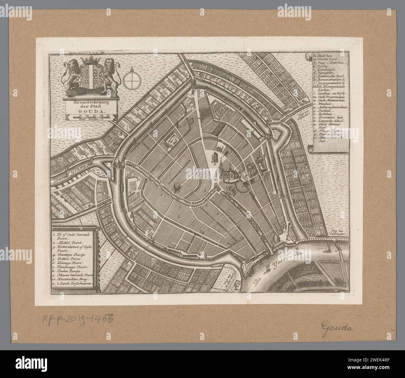 Mappa di Gouda, Anonimo, 1744 stampa in alto a sinistra: Vereen. Nederl. V. D. P. 185. Cartine cartacee delle città di Gouda Foto Stock