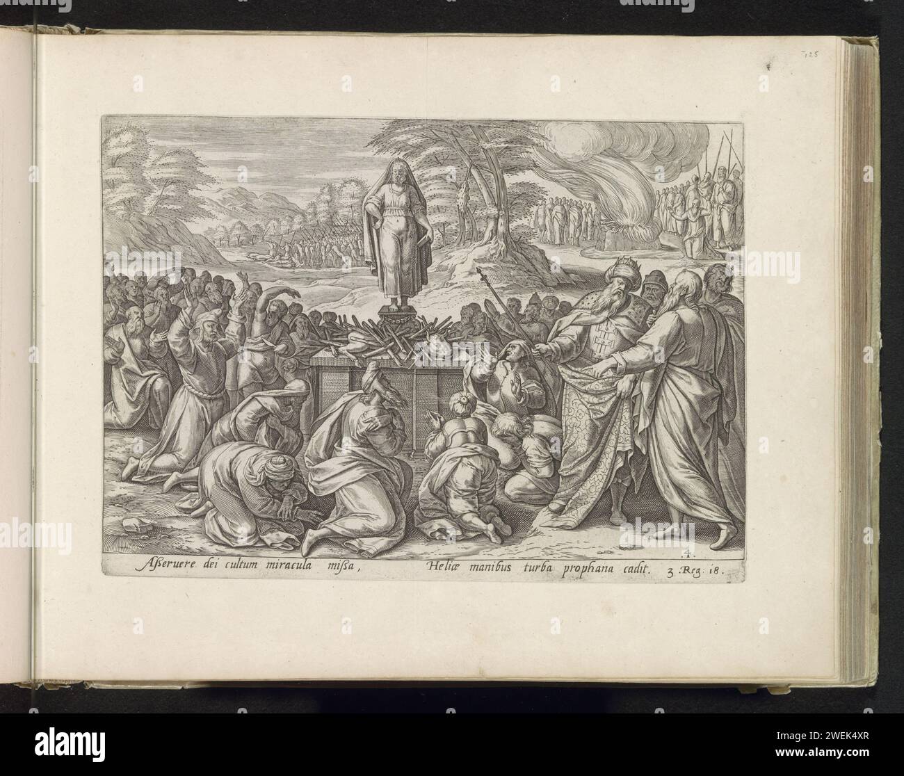 Elia e i profeti di Baal, anonimi, dopo Jan Snellinck (i), 1585 stampano i Baalpriestri urlano e ballano intorno al loro altare, invocano il dio Baal e lo pregano per il fuoco per l'olocausto. Re Achab è all'altare. Sullo sfondo a destra, Elia prega il suo Dio nella sua offerta bruciata che è infiammata dal fuoco dal cielo. Sullo sfondo a sinistra, i profeti di Baal sono messi a morte dopo questo incidente. Sotto lo spettacolo un riferimento in latino al testo biblico in 1 Kon. 18. Questa stampa fa parte di un album. L'incisione di carta di un altare è preparata dai fedeli di Baal e da un Foto Stock