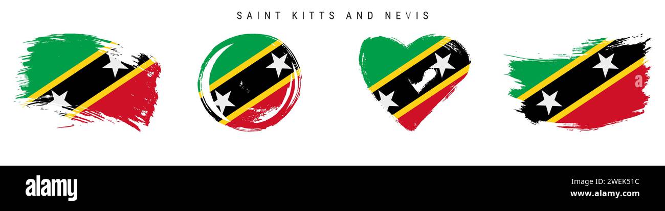 Set di icone per bandiere in stile grunge disegnate a mano Saint Kitts e Nevis. Banner con colori ufficiali. Forma del tratto libero del pennello, cerchio e a forma di cuore. Vettore piatto Illustrazione Vettoriale