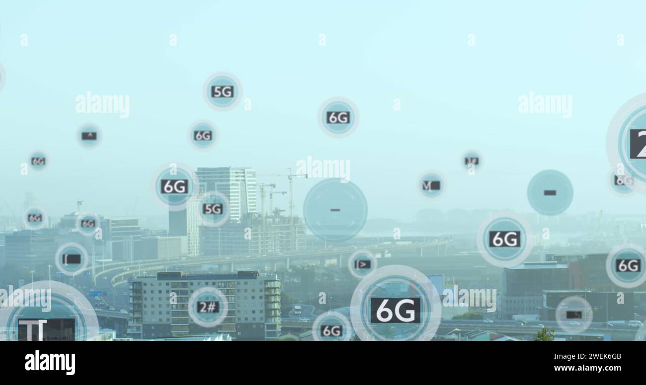 Immagine delle icone sul paesaggio urbano Foto Stock