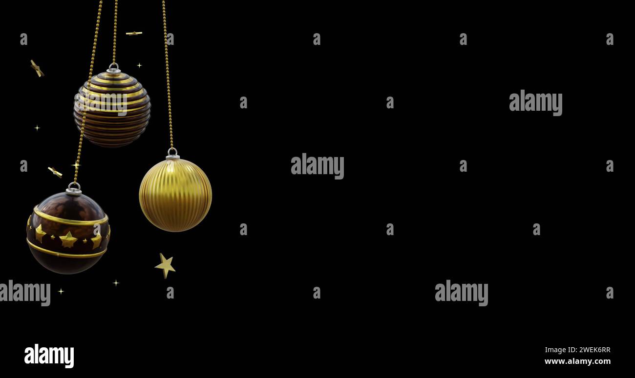 Baule natalizie nere e dorate che oscillano con stelle dorate su sfondo nero, spazio copia Foto Stock