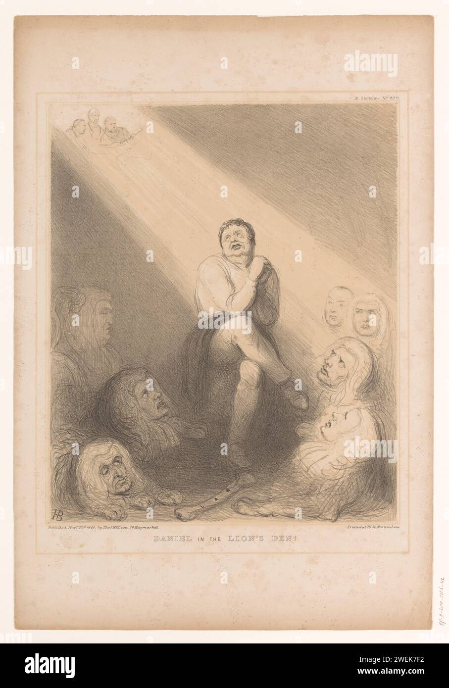 Daniel o'Connell nel Leeuwenkuil, John Doyle, 1844 stampa Cartoon del 1844 con Daniel o'Connell nel Leeuwenkuil. Pubblicato come n.. 820 nella serie HB Sketches. Il re di carta Cyrus visita la tana del leone e trova Daniel vivo. caricature politiche e satire Foto Stock
