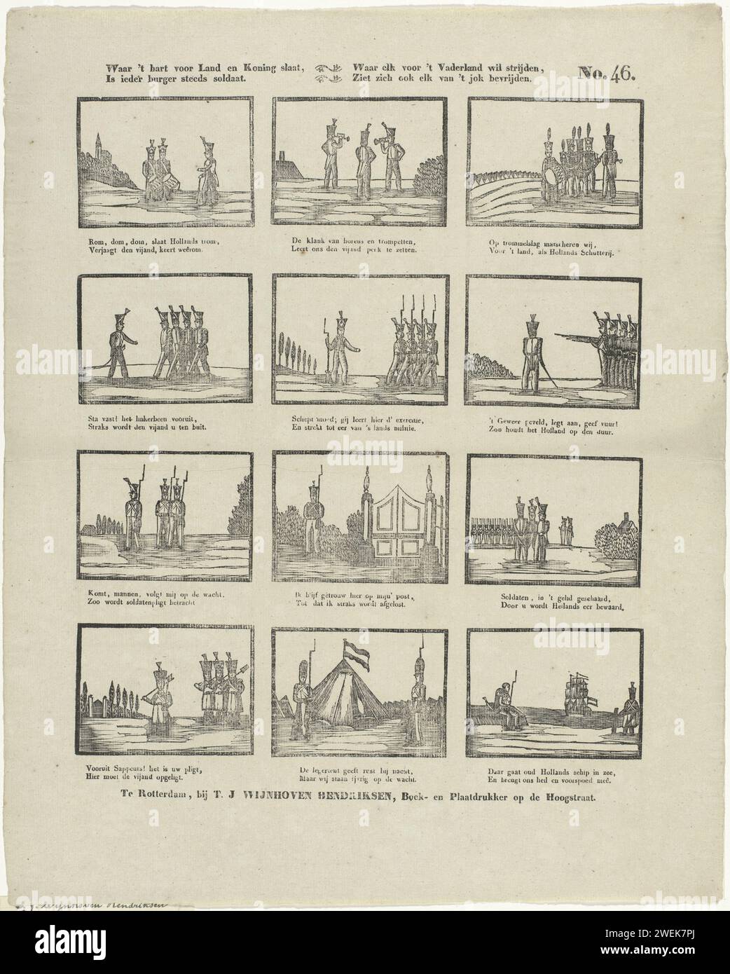 Dove il cuore per la terra e il re colpisce, / ogni cittadino è sempre un soldato. / Dove ognuno vuole combattere per la Patria, / si vede anche liberante per 't Jok, Theodorus Johannes Wijnhoven -Hendriksen, 1832 - 1850 fogli stampati con 12 esibizioni di soldati con strumenti, pistole e baionette. Sotto ogni immagine un verso bidirezionale. Numerato in alto a destra: N. 46. carta tipografica che stampa il soldato; la vita del soldato. armi. disciplina militare. banda militare Foto Stock Dove il cuore per la terra e il re colpisce, / ogni cittadino è sempre un soldato. / Dove ognuno vuole combattere per la Patria, / si vede anche liberante per 't Jok, Theodorus Johannes Wijnhoven -Hendriksen, 1832 - 1850 fogli stampati con 12 esibizioni di soldati con strumenti, pistole e baionette. Sotto ogni immagine un verso bidirezionale. Numerato in alto a destra: N. 46. carta tipografica che stampa il soldato; la vita del soldato. armi. disciplina militare. banda militare Foto Stock
