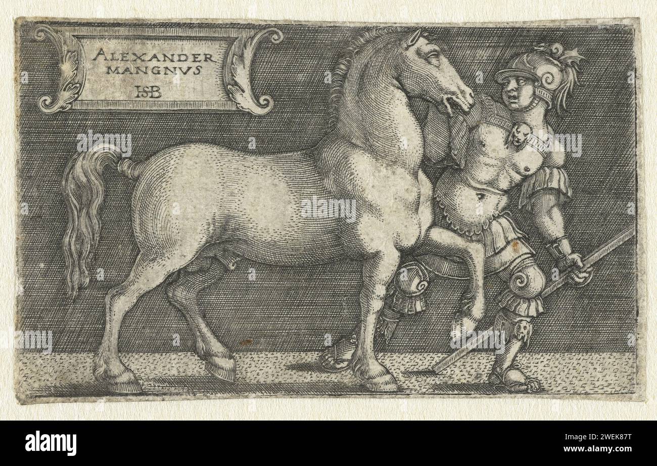 Alessandro Magno con il suo cavallo Bucefalo, Hans Sebald Beham, 1510 - 1550 carta stampata incisione imperatore. cavallo Foto Stock