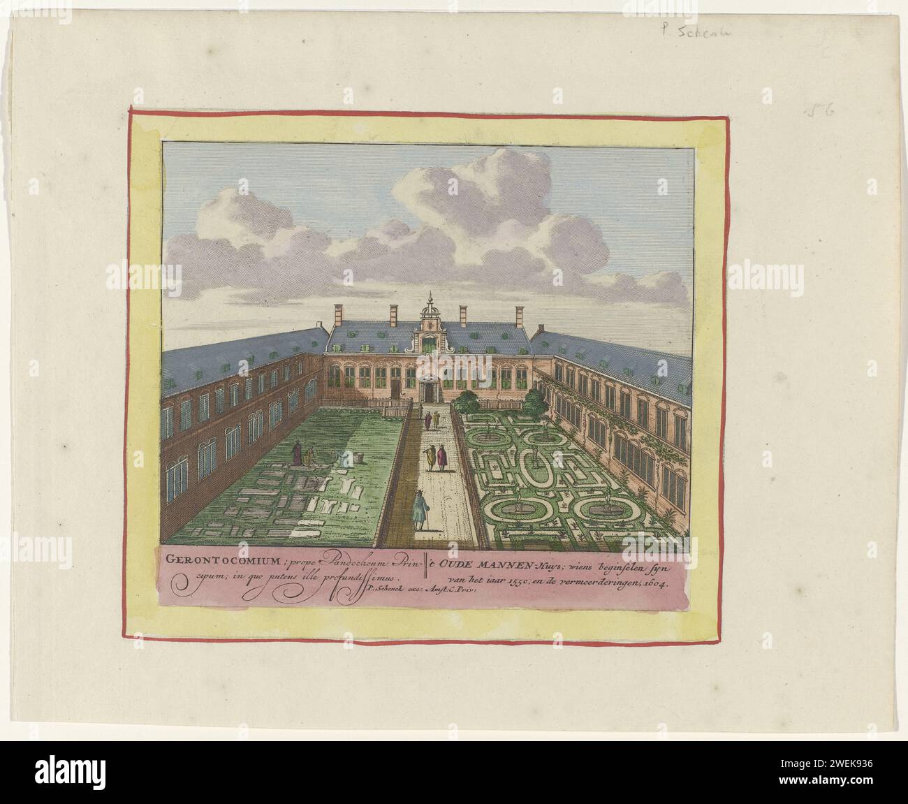 L'Oudemannenhuis ad Amsterdam, Pieter Schenk (i), c. 1700 stampano l'Oudemannenhuis visto dalla Hof con giardino e Bleekveld. Copia a colori, paragonabile all'incisione su carta RP-P-2011-111 Foto Stock