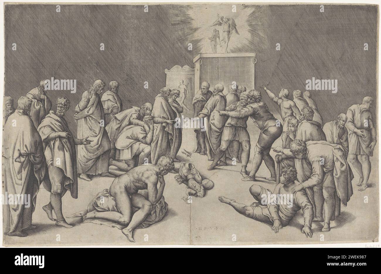 Ark des Covenant nel Tempio di Dagon, Battista Franco, 1520 - 1561 stampa The Philistines Place the Ark of the Covenant in the Temple of Dagon. Pezzi di un'immagine rotta giacciono sul pavimento. La carta che incide la statua di Dagon ad Ashdod cade Foto Stock