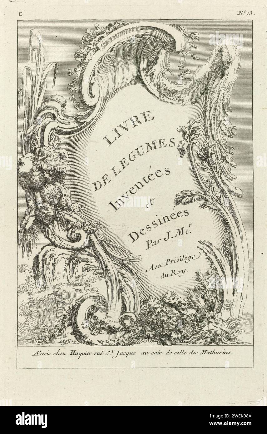 Stampa del titolo per una serie di sette stampe con ornamenti e verdure, Pierre Quentin Chedel (possibile), Juste Aurèle Meissonnier, 1738 - 1749 stampa questa stampa fa parte di un album. incisione della carta del titolo-pagina. piante ed erbe: aglio. ornamento rocaille Foto Stock