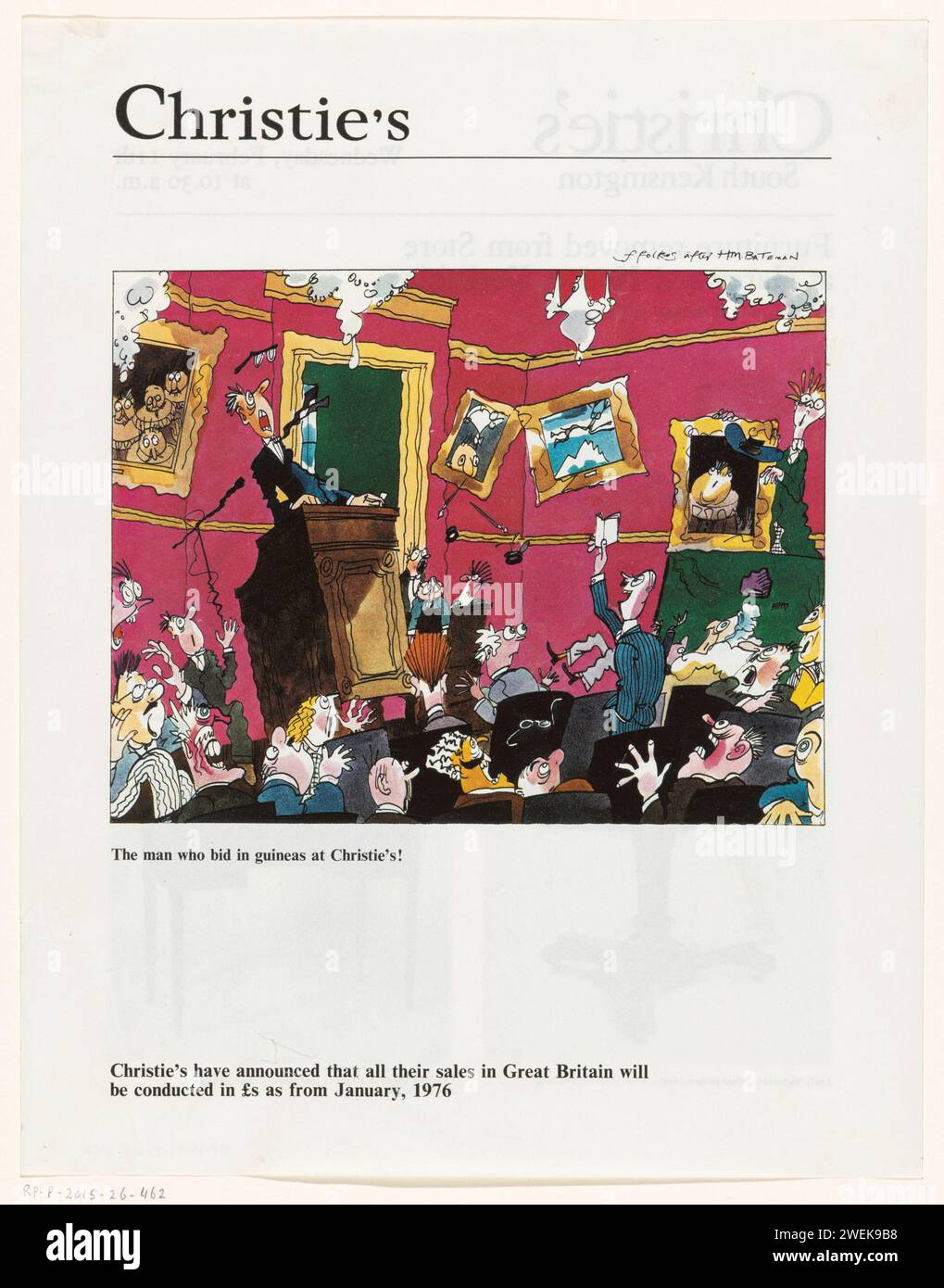Asta da Christie's, 1975 - 1976 stampa sala d'aste dove, con spavento dei presenti, un uomo in piedi con un taccuino ha fatto un'offerta in Guineas. vendita di opere d'arte cartaria, asta Foto Stock