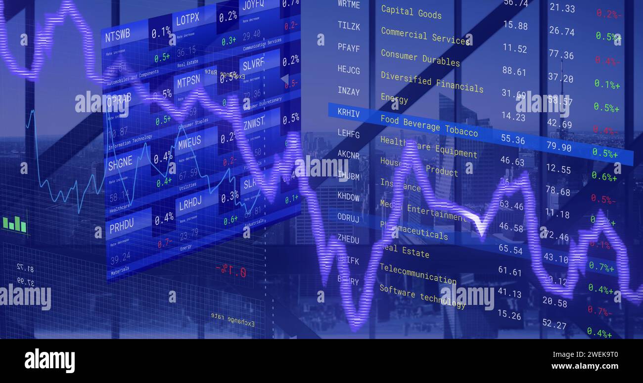 Immagine dell'elaborazione dei dati finanziari su un paesaggio urbano Foto Stock