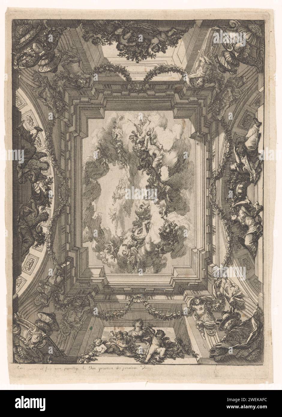 Soffitto trompe-l'oeil con esecuzione mitologica, Daniël Marot (i), soffitto a 1712 stampe con centrotavola rettangolare con una rappresentazione mitologica sostenuta da termini. I lati lunghi sostenuti da due archi. Negli angoli sono visibili le console con una maschera e un vaso. palazzo di incisione di carta Foto Stock