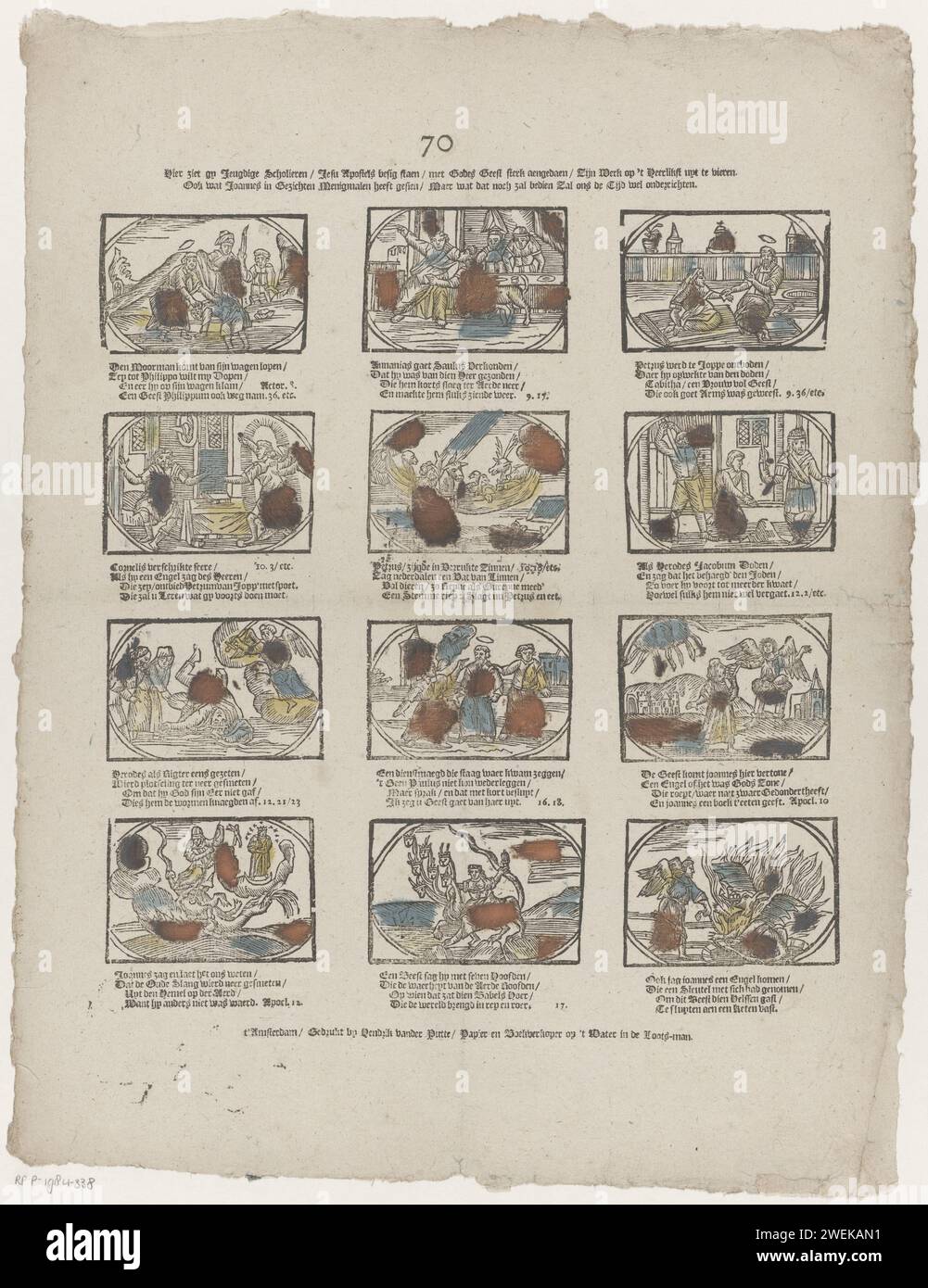 Qui potete vedere giovani studenti / Jesu Apostles Besig Besig (...), 1761 - 1765 Foglia stampata con 12 rappresentazioni di storie del nuovo Testamento. Sotto ogni immagine una nuova riga di quattro righe e un riferimento al testo biblico corrispondente. Numerato al centro: 70. Stampa su carta con stampa su carta New Testament. La Rivelazione di Giovanni, l'Apocalisse Foto Stock