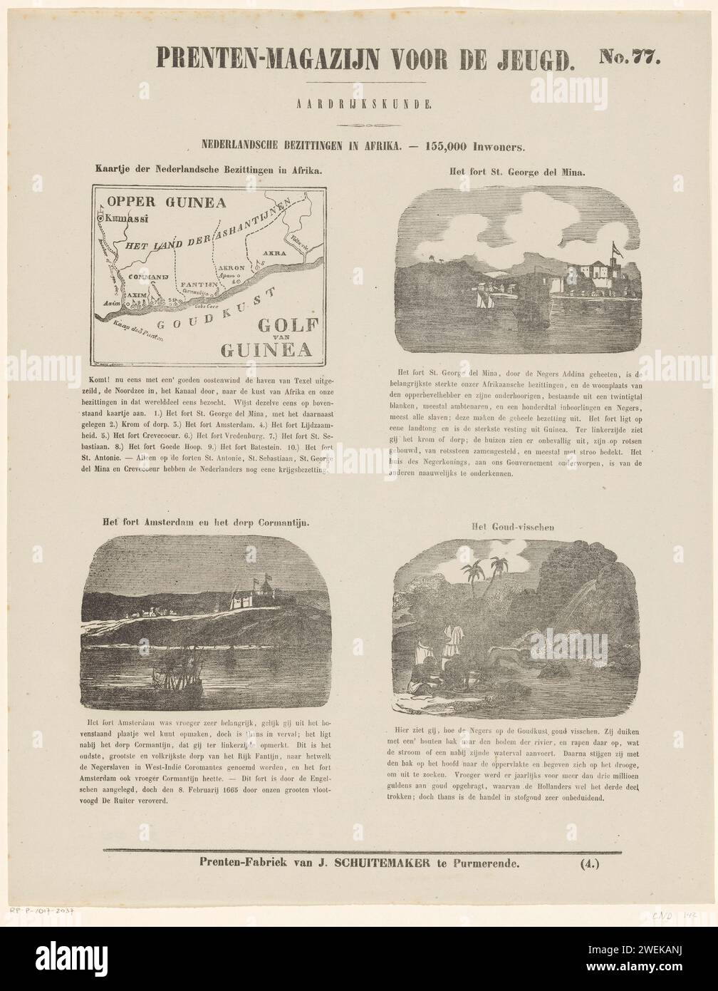 Possedimenti olandesi in Africa. - 155.000 abitanti, Jan Schuitemaker, Johannes George Frans van Arum, 1850 fogli stampati con 4 esibizioni di beni olandesi in Africa. Una mappa e le esibizioni di importanti edifici, come Fort St Jorge del Mina e il forte di Amsterdam. Sopra ogni performance un titolo e un verso di quattro righe sotto ogni spettacolo. Numerato in alto a destra: N. 77, numerato in basso: (4.). carta da lettere stampa ford. (mappa di) Africa. mappe, atlanti. Sistema coloniale Fort Elmina. Fort Amsterdam. Elmina. Fort Elmina. Ghana. Goudkust. Afrika Foto Stock
