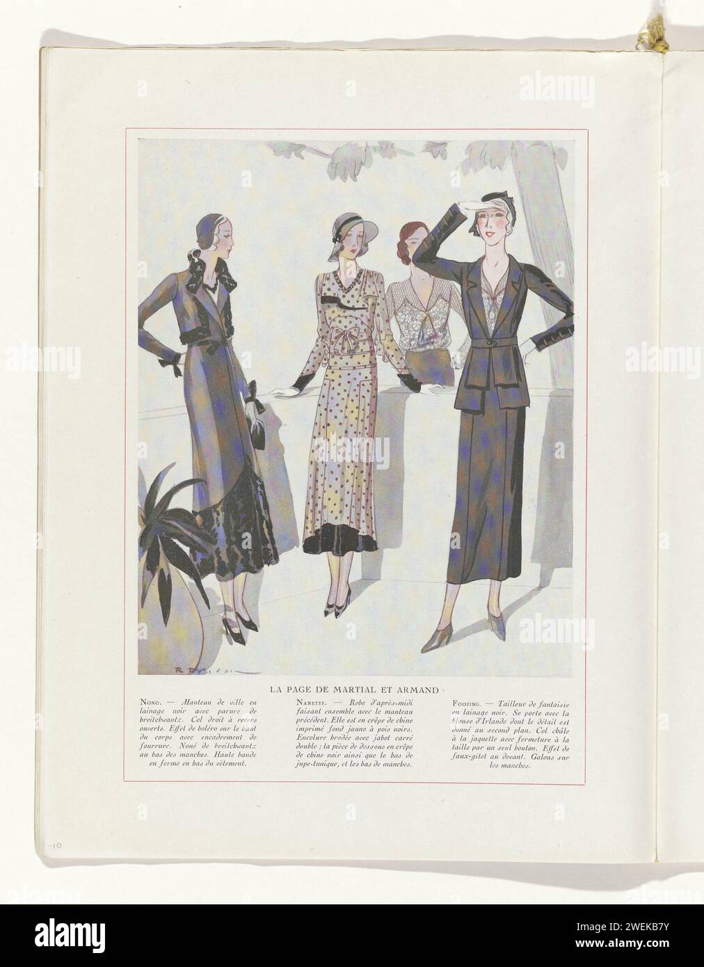 Art - Taste - Beauty, female Elegance sheets, marzo 1932, No. 139, dodicesimo anno, P. 10, R. Drivon, rivista 1932 quattro donne in una balaustra, vestite in gruppi da Martial et Armand. Due donne indossano la stessa camicetta. A sinistra: Mantello di lana nera. Mezzo: Abito pomeridiano di crepe de chine gialla con puntini neri. Sulla destra: "Tailleur" (vestito) di lana nera e "blusa d'inlande". Pagina della rivista di moda Art-Goût-Beauté (1920-1933). targhe di carta. abbigliamento per la parte superiore del corpo: camicetta (+ abiti da donna). Gruppi di capi di abbigliamento (ABITO) (+ abiti da donna). vestito, via Foto Stock