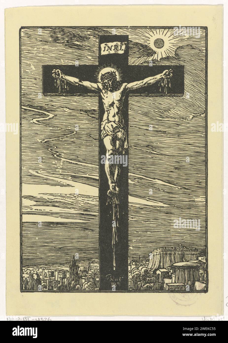 Cristo sulla Croce, Dirck De Bray, dopo Jan De Bray, 1635 - 1694 stampe lunghe macchie di sangue sottolineano le ferite sulle mani e sui piedi. Sullo sfondo la città di Gerusalemme. Carta la crocifissione di Cristo: La morte di Cristo sulla croce; Golgota (Matteo 27:45-58; Marco 15:33-45; Luca 23:44-52; Giovanni 19:25-38) Gerusalemme Foto Stock