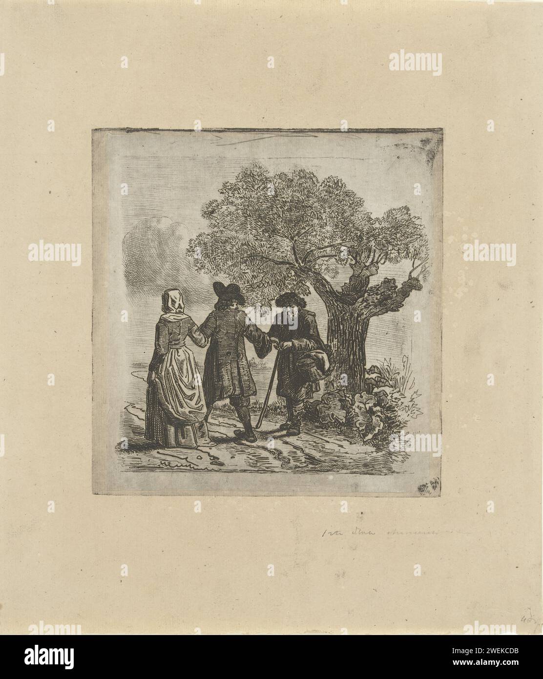 Mendicante sul bordo della strada, Reinier Craeyvanger, 1822 - 1880 stampa Un mendicante sul bordo della strada. Riceve un'elemosina da un passante e da sua moglie... China paper etching Beggar. strada pubblica Foto Stock