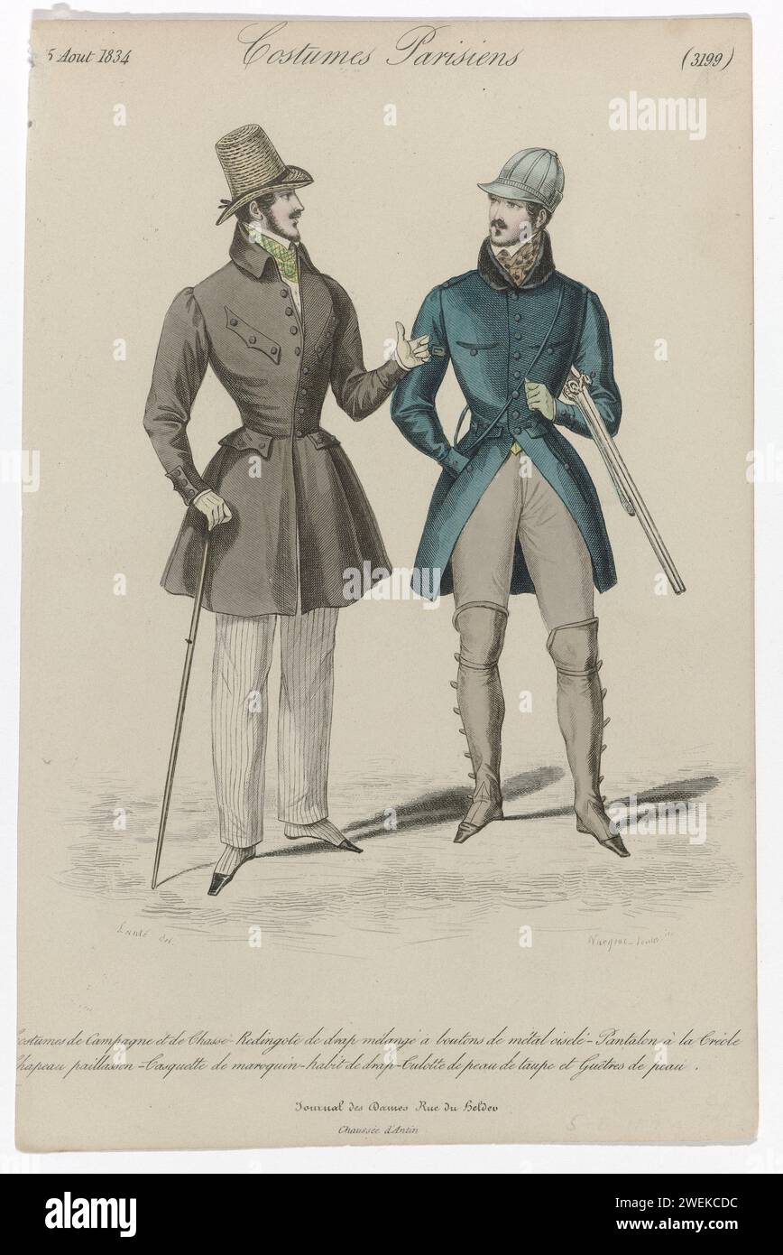 Journal of the Ladies and Fashion, Parisian Costumes, 5 agosto 1834, (3199): Campagn Costumes (...), 1834 due uomini in costume per la campagna e per la caccia. A sinistra: Redingote da "Drap Mélangé" con bottoni metallici. "Pantalon à la Bréole" (pantaloni lunghi). Scaldare il cappello di paglia. Panno per collo a scacchi. Altri accessori: Guanti, bastoncino da passeggio, scarpe con naso quadrato. Destra: Tuta da caccia, composta da un van Laeken "Habit", pantaloni e camici di cuoio. In testa una "Casquette" di Marokin Leather. Pistola sotto il braccio. La stampa fa parte della rivista di moda Journal des Dames et des Modes, Pa Foto Stock