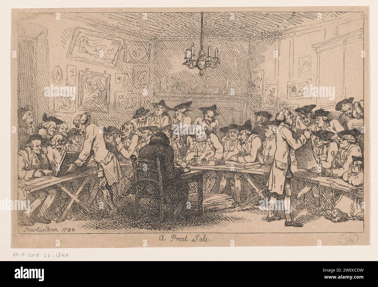 Asta di stampe, Thomas Rowlandson, 1788 stampa interno di una sala d'asta dove si sta svolgendo un'asta di stampa. Al centro del tavolo c'è il banditore d'asta, Hassel Hutchins. Di fronte a lui, all'ombra, c'è il suo impiegato dietro una scrivania. Gli interessati, in parte noti commercianti di stampe e collezionisti, si siedono e si trovano dietro lunghi tavoli. Due supporti mostrano una stampa e un album. vendita di opere d'arte di incisione su carta, asta. stampa, ad esempio: incisione, incisione, litografia. caricature politiche e satire Foto Stock