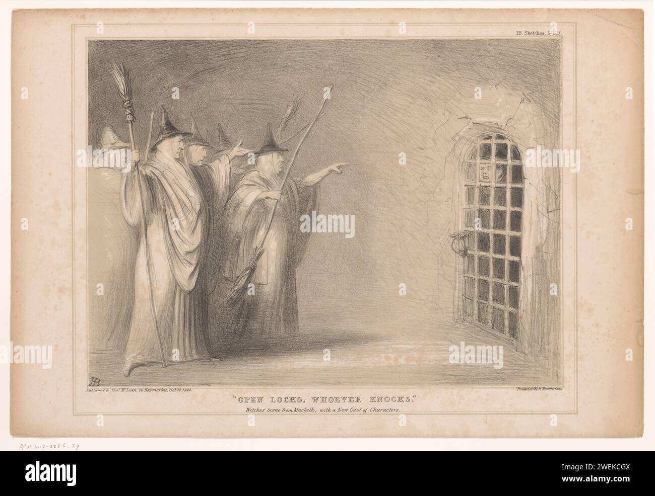 Cartoni animati con Daniel o'Connell in prigione, John Doyle, Cartoon stampato nel 1844 con Daniel o'Connell in prigione e le tre streghe di Shakespeare Macbeth. Pubblicato come n.. 817 nella serie HB Sketches. prigione di carta, prigione. (Scene tratte da) opere specifiche di letteratura (con AUTORE, titolo). gruppi di streghe. caricature politiche e satire Foto Stock