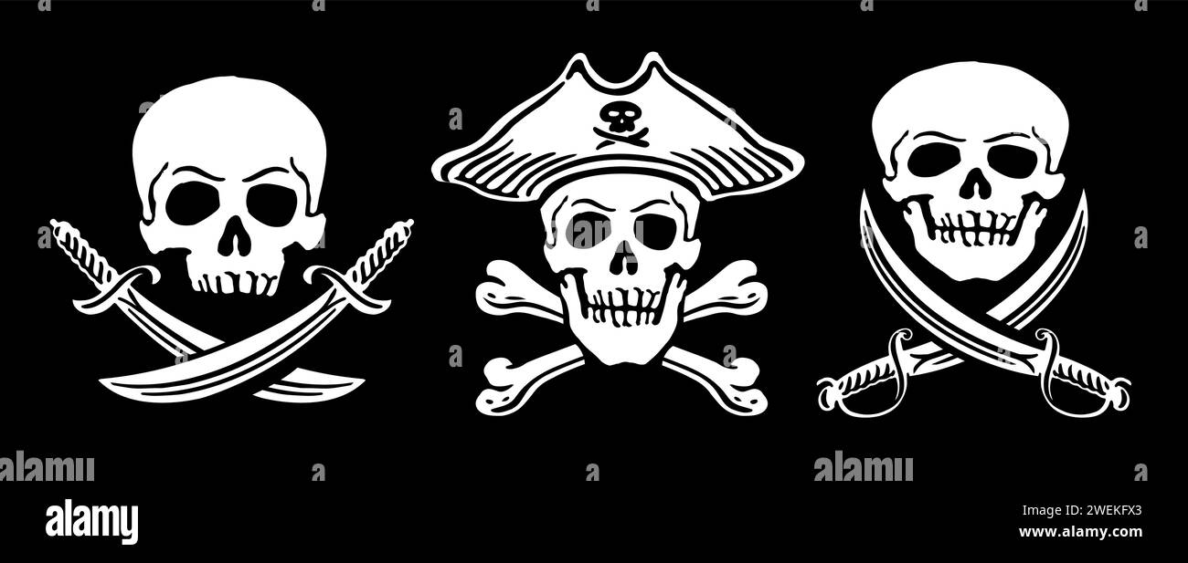 Jolly Roger emblema o segno. Bandiera pirata con teschio. Illustrazione vettoriale Illustrazione Vettoriale