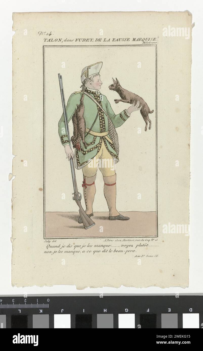 Small Dramatic Gallery, 1805, No. 14: Talon, in Furet (...), 1805 Costume dell'attore Talon nel Melodrama 'Furet, De la Fausse Marquise', messo in scena nel 'Théâtre de la porte Saint-Martin' a Parigi. Il pezzo è composto da tre atti, scritti da Jean-Baptiste Dubois. Con due righe di testo del primo atto, scena quattro. Stampa dalla rivista Petite Galerie Dramatique ou Recueil de Différents Costumes d'Acteurs des Théâtres de la capitale (1796-1843). lastre di moda per incidere la carta. caccia accoutzione. copricapo (+ abiti da uomo). cappotto (+ abiti da uomo). pantaloni, pantaloncini (+ panno da uomo Foto Stock