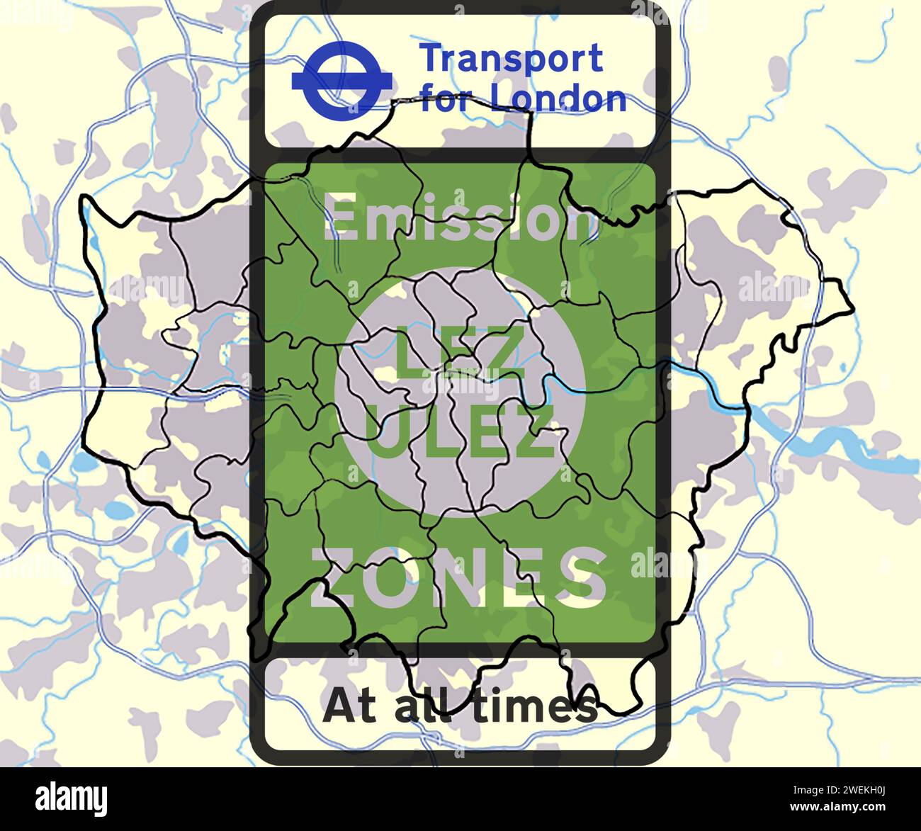 La London Low Emission zone (LEZ) è un'area di Londra in cui ai veicoli commerciali non conformi viene applicata una tassa basata sullo standard sulle emissioni Foto Stock