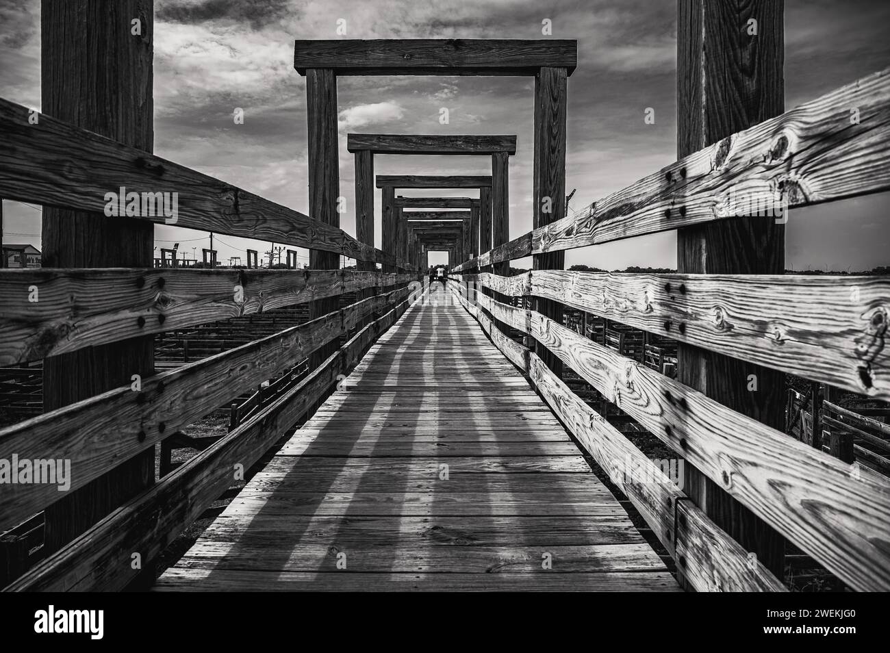 Passerella in legno che conduce ai recinti del bestiame presso lo storico mercato del bestiame di Fort Worth. Foto Stock