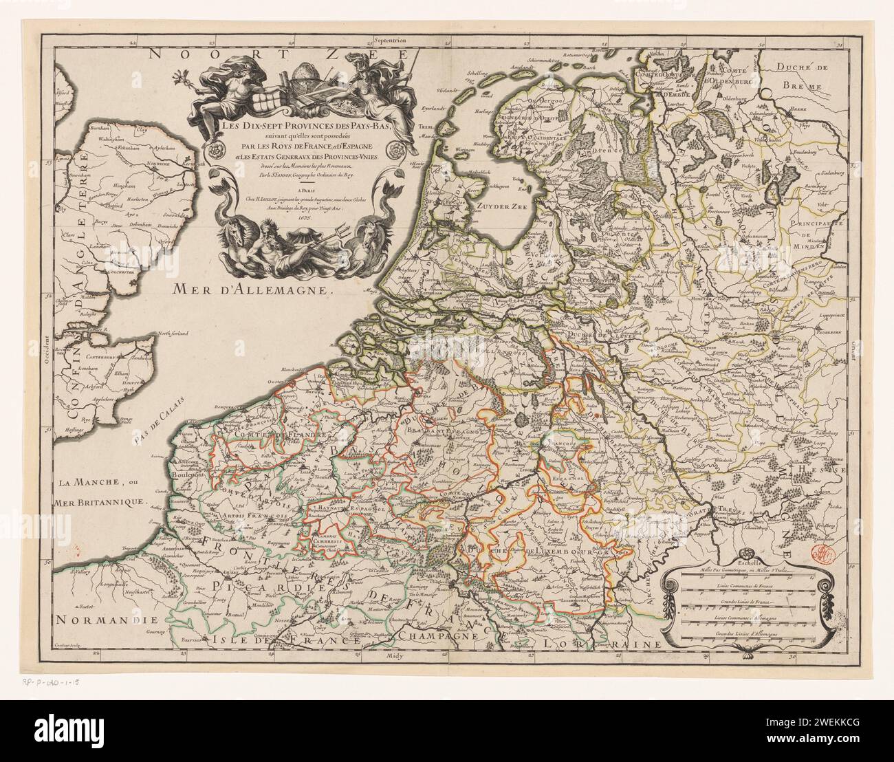 Mappa delle diciassette Province, Louis Cordier, 1675 Stampa Mappa delle diciassette province con le parti dei Paesi Bassi settentrionali e meridionali conquistate dalla Francia e dai suoi alleati durante gli anni 1672-73. In alto a sinistra del cartiglio con mercurio a sinistra, Minerva a destra e sotto Nettuno. In basso a destra un cartiglio con cinque bastoncini in scala: 60 Milles Pas Geometriques, Ou Milles d’Italie / 24 Lieües Communes de France e altri tre. La scheda è dotata di una distribuzione a gradi lungo i bordi. mappe di incisione/incisione su carta di paesi o regioni diversi. battaglia (+ Foto Stock