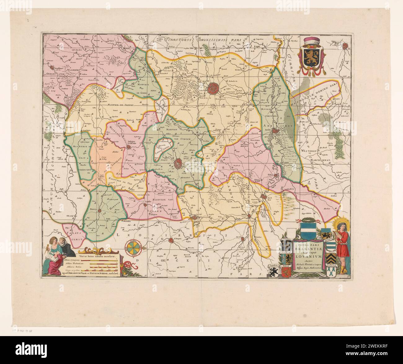 Mappa del Kwartier van Leuven, parte del Ducato di Brabante, Anonimo, 1670 - 1711 Stampa Mappa del Kwartier van Leuven, uno dei quattro quartieri in cui è diviso il Ducato di Brabante. In basso a destra il titolo cartiglio con le armi delle città dei paesi, ottenere, gembloers, Lovanio, leone, Diest, Zichem e Hannuit. In alto a destra troverai il Wapen van Brabant. In basso a sinistra un cartiglio con quattro bastoncini di scala: 1 Milliare Germanicum / 1 Milliare Brabanticum e altri due. La mappa è dotata di una rete di coordinate e di una distribuzione dei gradi. incisione su carta / ecc. Foto Stock