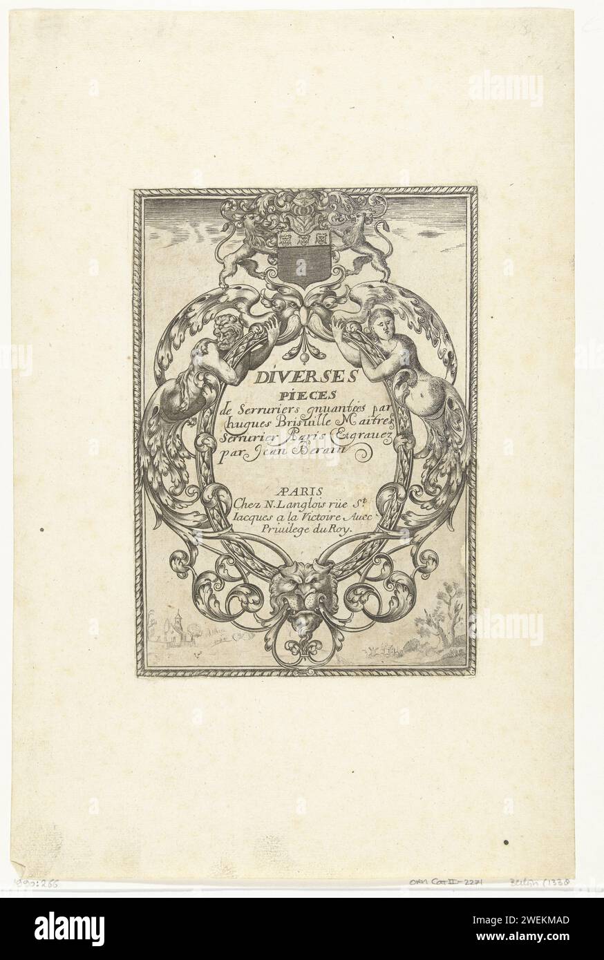 Titelblad: Vari pezzi di fabbri, dopo la stampa del 1662 - 1711 il testo è in un cartiglio con una maschera in alto e una testa di leone in basso. Pagina 1 della serie di pagine del titolo, foglio con assegnazione e 14 fogli con batteria e forgiatura, piastre dei fori per chiavi, chiavi, battitori delle portiere e pulsanti delle portiere. Seconda edizione. incisione su carta Foto Stock