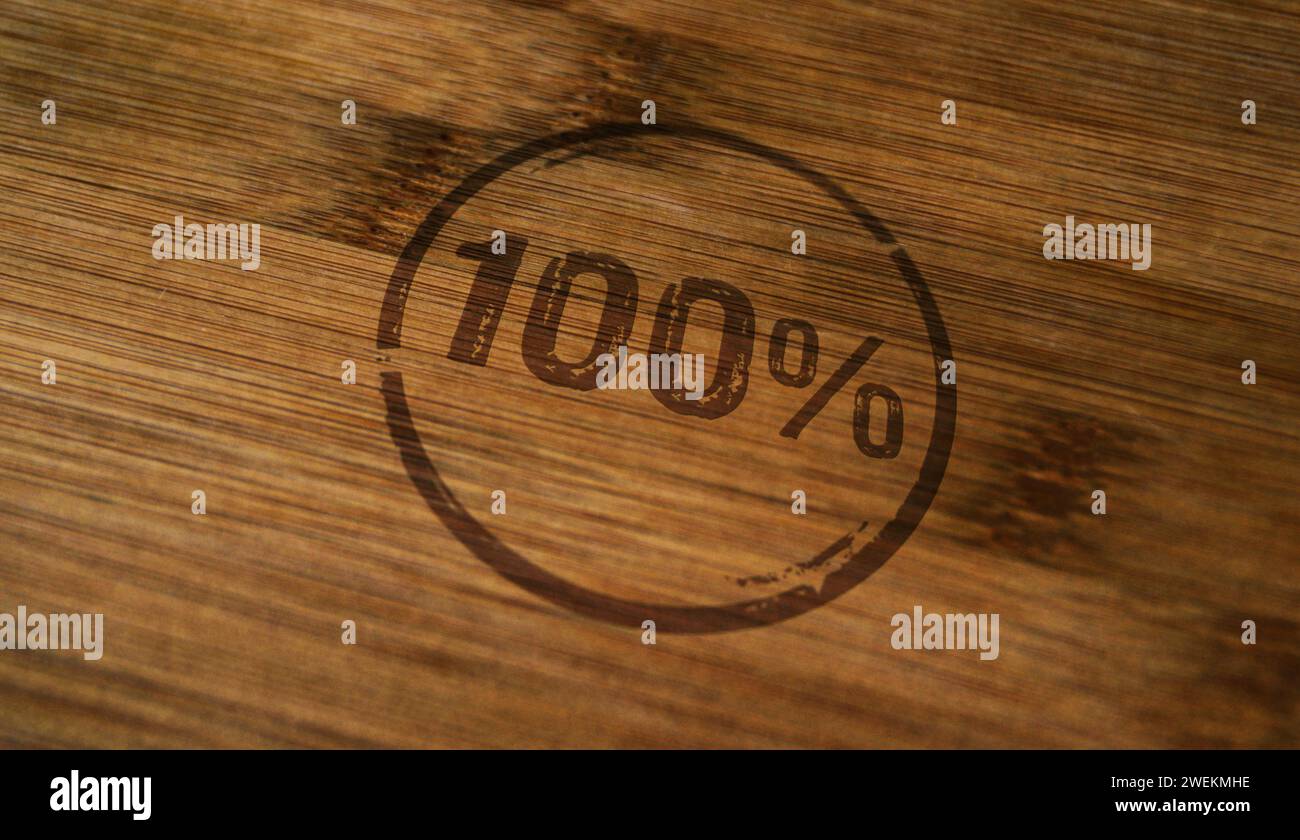 timbro 100% 100% stampato su scatola di legno. Concetto di promozione a cento percentuali. Foto Stock