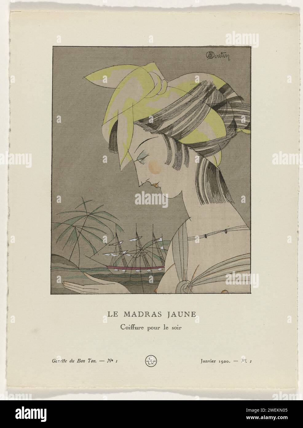 Gazette du Bon Ton, 1920 - No. 1, PL. 1: Il madras giallo / acconciatura per la sera, Charles Martin, 1920 acconciatura femminile con un velo di seta gialla, adatto per la sera. Una nave a vela sullo sfondo. Planche 1 dalla Gazette du Bon Ton 1920, No. 1. Spiegazione dell'abbigliamento alla pagina "Explication des Planches". carta letterpress stampa di piatti di moda. navi (in generale). copricapo (+ abiti da donna). Stili di parrucchiere - AA -  donne Foto Stock