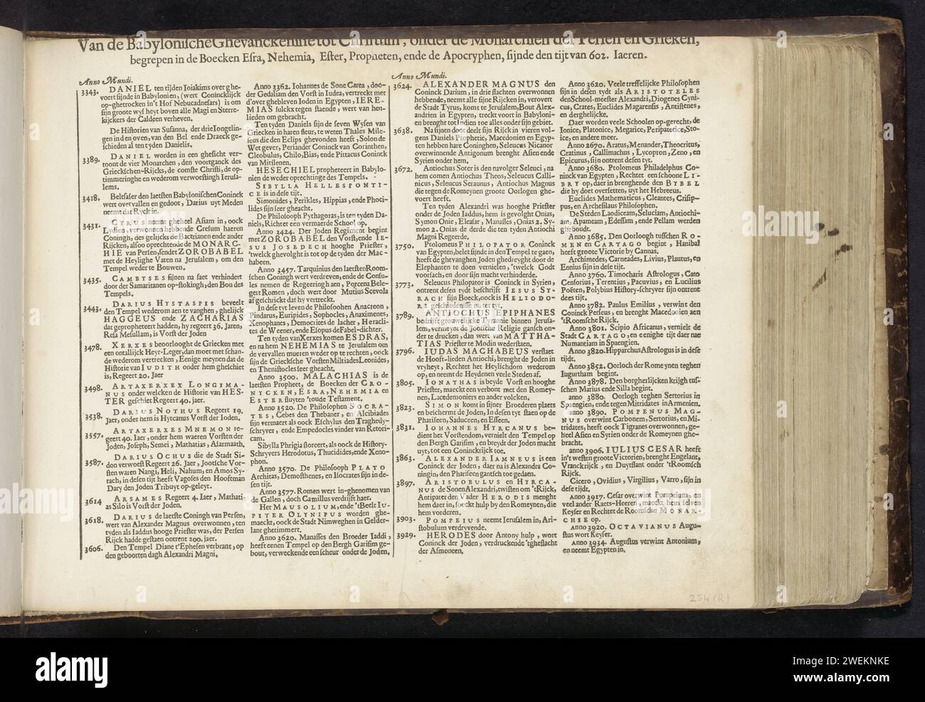 Dal Ghevanckenine babilonese a Christum, sotto i monarchi della stampa e dei greci (...), Jan Philipsz Schabaelje, 1646 foglio di testo nelle stampe sul periodo dell'esilio babilonese alla nascita di Cristo. Una tabella delle ore in quattro colonne. Questa rivista fa parte di un album. carta stampa letterpress Foto Stock