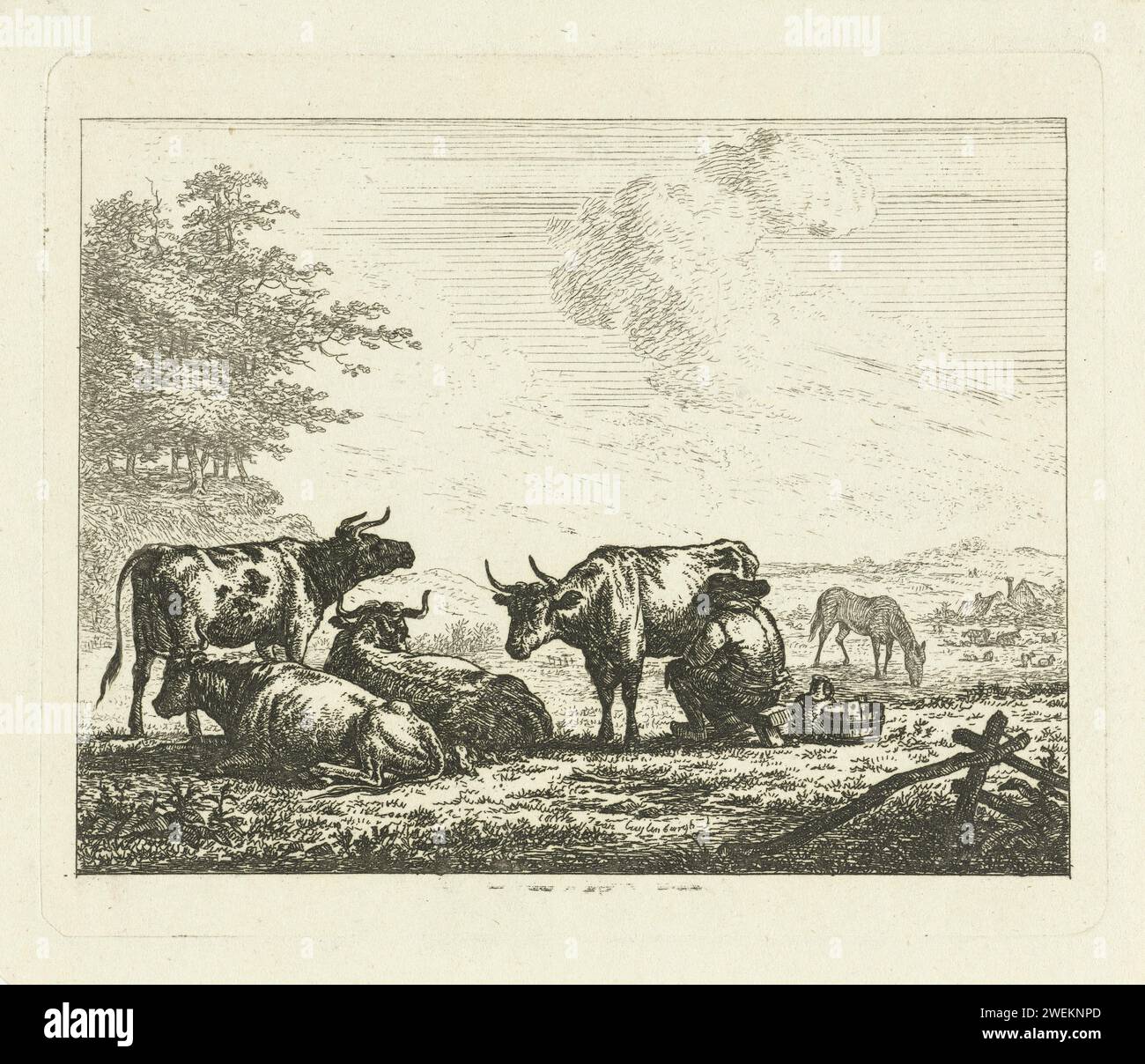 Paesaggio con contadino che munge mucche, Johannes van Cuylenburgh, 1803 - 1841 carta stampata per l'incisione della mucca. mungitura Foto Stock