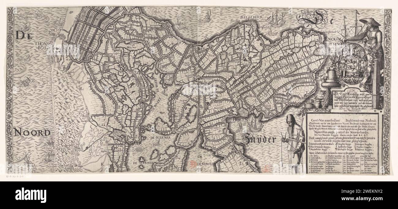 Mappa di Noord-Holland (parte superiore), 1608 stampa parte superiore di una mappa di Noord-Holland. Mappe di incisione/incisione su carta di paesi o regioni dell'Olanda settentrionale Foto Stock