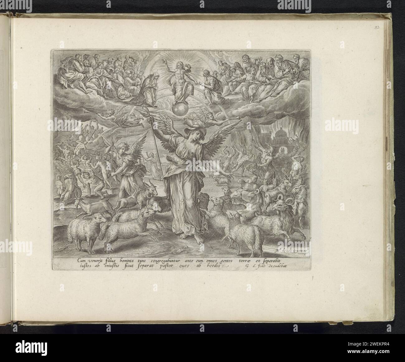Divorzia le pecore e le capre e il giudizio universale, stampa del 1585 l'Arcangelo Michele separa le pecore dalle capre. Cristo viaggia sulle nuvole, affiancato da Maria e Giovanni. I morti sono condotti al cielo dagli angeli (a sinistra) o all'inferno (a destra). Sotto la performance un riferimento in latino al testo della Bibbia. Questa stampa fa parte di un album. L'incisione di carta "come pastore (figlio dell'uomo) separa le pecore dalle capre" (Matteo 25:32). Rappresentazione del giudizio universale, con l'arcangelo Michele che pesa le anime (o divide i beati e i dannati) Foto Stock