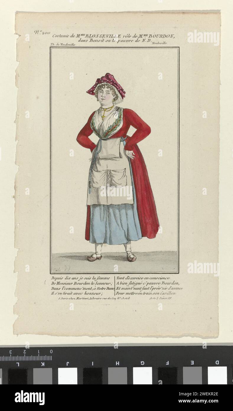 Piccola galleria drammatica, ecco. 1809 - 1843, No. 200: Costume di Mme Blossevill (...), c. 1809 - 1834 Costume dell'attrice Blosseville nel ruolo di Mme Bourdon dalla commedia 'Benoit ou Pauvre de Notre Dame', messa in scena nel 'Théâtre du Vaudeville' a Parigi. Il pezzo è composto da due atti, scritti da Marie-Joseph Pain (1773-1830), pubblicati intorno al 1809. Con due battute per quattro dal primo atto, scena quattro. Stampa dalla rivista Petite Galerie Dramatique ou Recueil de Différents Costumes d'Acteurs des Théâtres de la capitale (1796-1843). lastre di moda per incidere la carta. ingranaggio testa (+ con Foto Stock