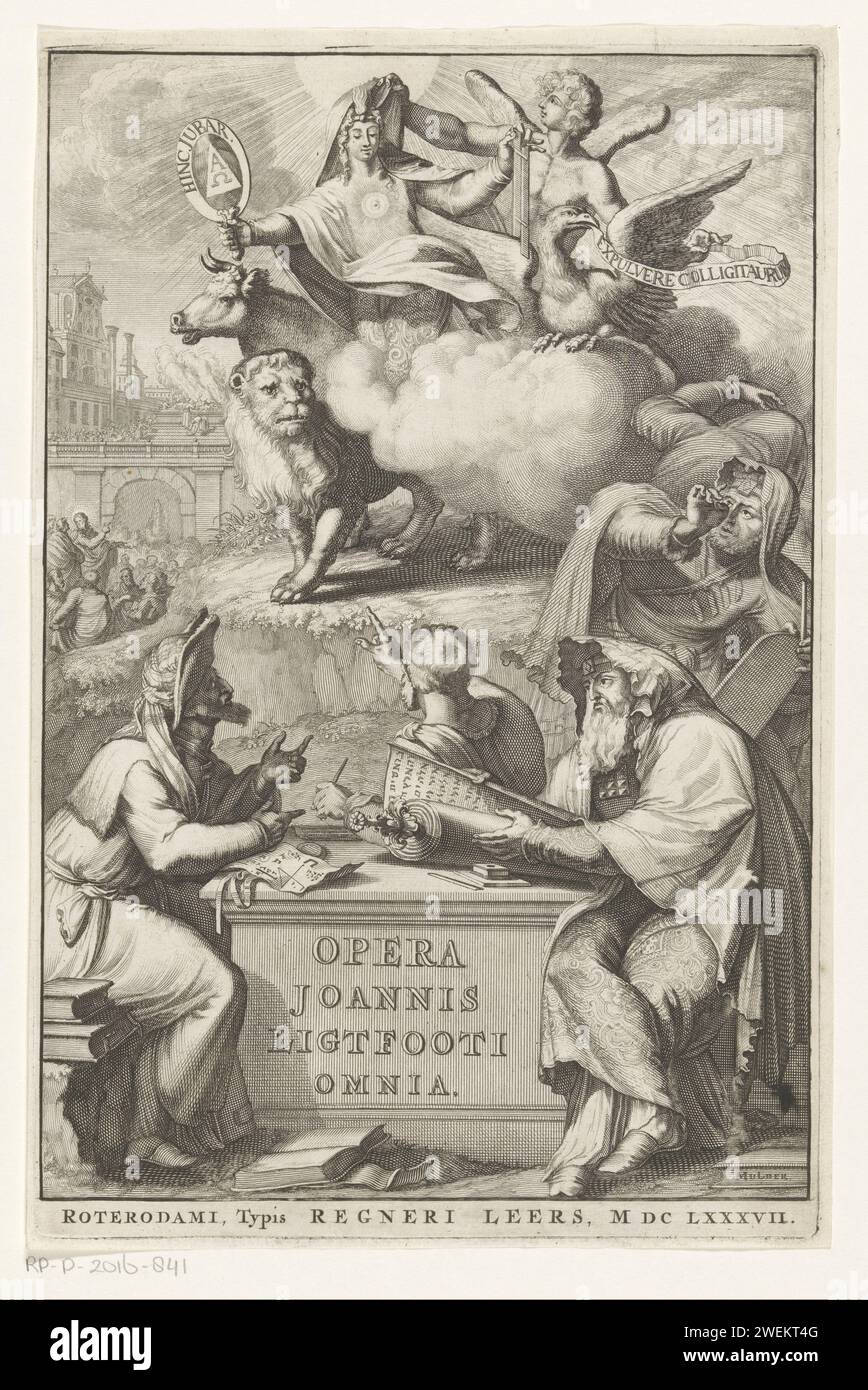 Figura allegorica con uomo ebreo, Romeyn de Hooghe, 1686 stampa Un piedistallo o tavolo di pietra ha un uomo ebreo circondato da tre uomini, con un rotolo su cui si trovano testi ebraici. Sullo sfondo una figura allegorica (forse verità) circondata dai quattro simboli evangelisti. Carta che incide la religione e la cultura ebraiche. Studiare la Torah, il Talmud, ecc.. - Doveri personali nella vita ebraica. Verità; 'VeritÃ' (Ripa) Foto Stock