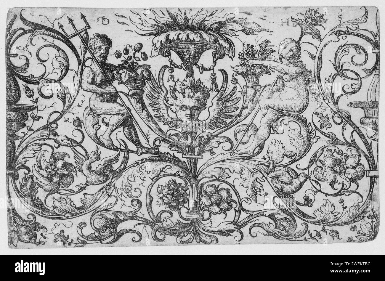 Neptunus e Cerere (?) Circondato da foglie di vite e grotesken, Daniel Hopfer (i), stampa 1480 - 1536 decorazione piatta. Al centro un cherubino tra due corni di abbondanza. incisione della carta Foto Stock