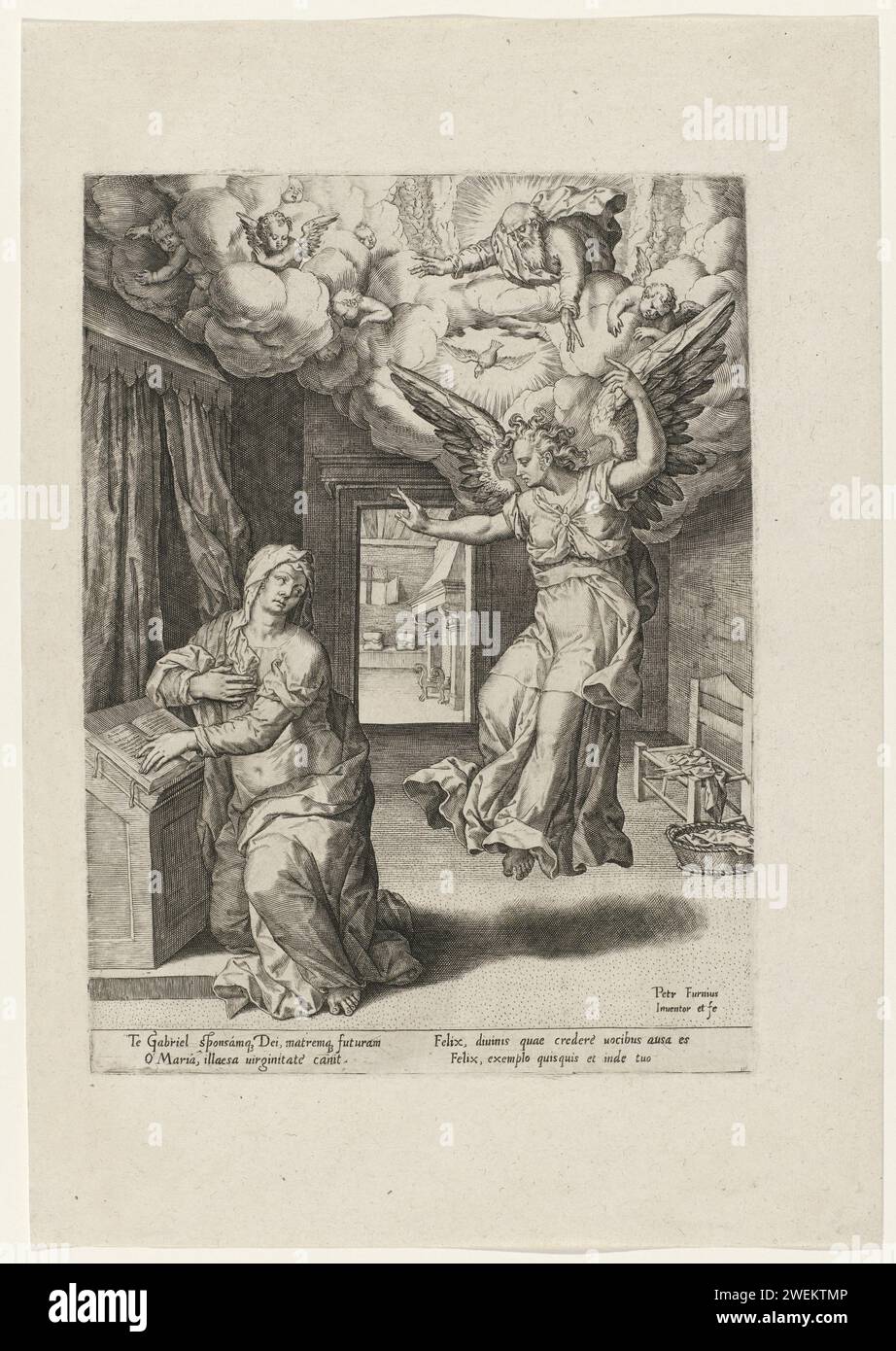 Annunciatie, Pieter Jalhea Furnius, c. 1563 - c. 1571 stampa Maria in una partenza, interrotta durante la lettura dall'angelo Gabriele che annuncia che avrà un figlio. Sopra di essa, nel mezzo degli angeli e del piccione, volando verso Maria. Incisione di carta l'Annunciazione: Maria inginocchiata Foto Stock