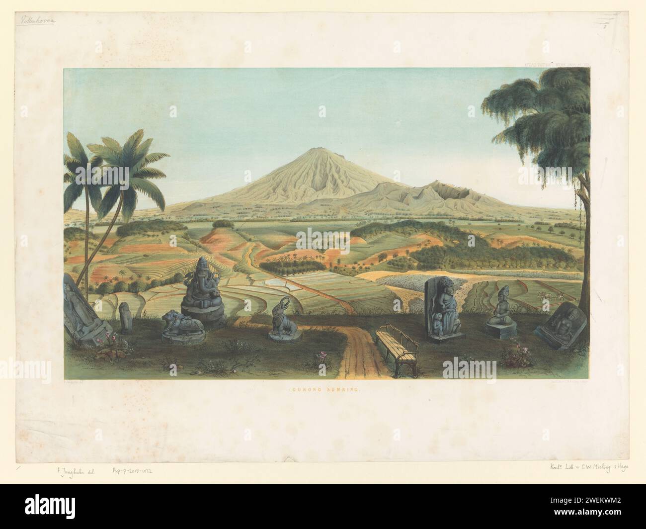 Vulkaan Sumbing te Java, Carl Wilhelm Meering (forse), dopo Frans Wilhelm Junhuhn, stampa del 1854 Vista del vulcano Sumbing a Midden-Java con statue indo-giavesi in primo piano. Numero VIII in alto a destra. paesaggi di carta nella zona non temperata, paesaggi esotici. vulcano. statue, dipinti, ecc. Oggetti di culto (induismo, buddhismo, giainismo) - HH - all'aria aperta Chippy Foto Stock