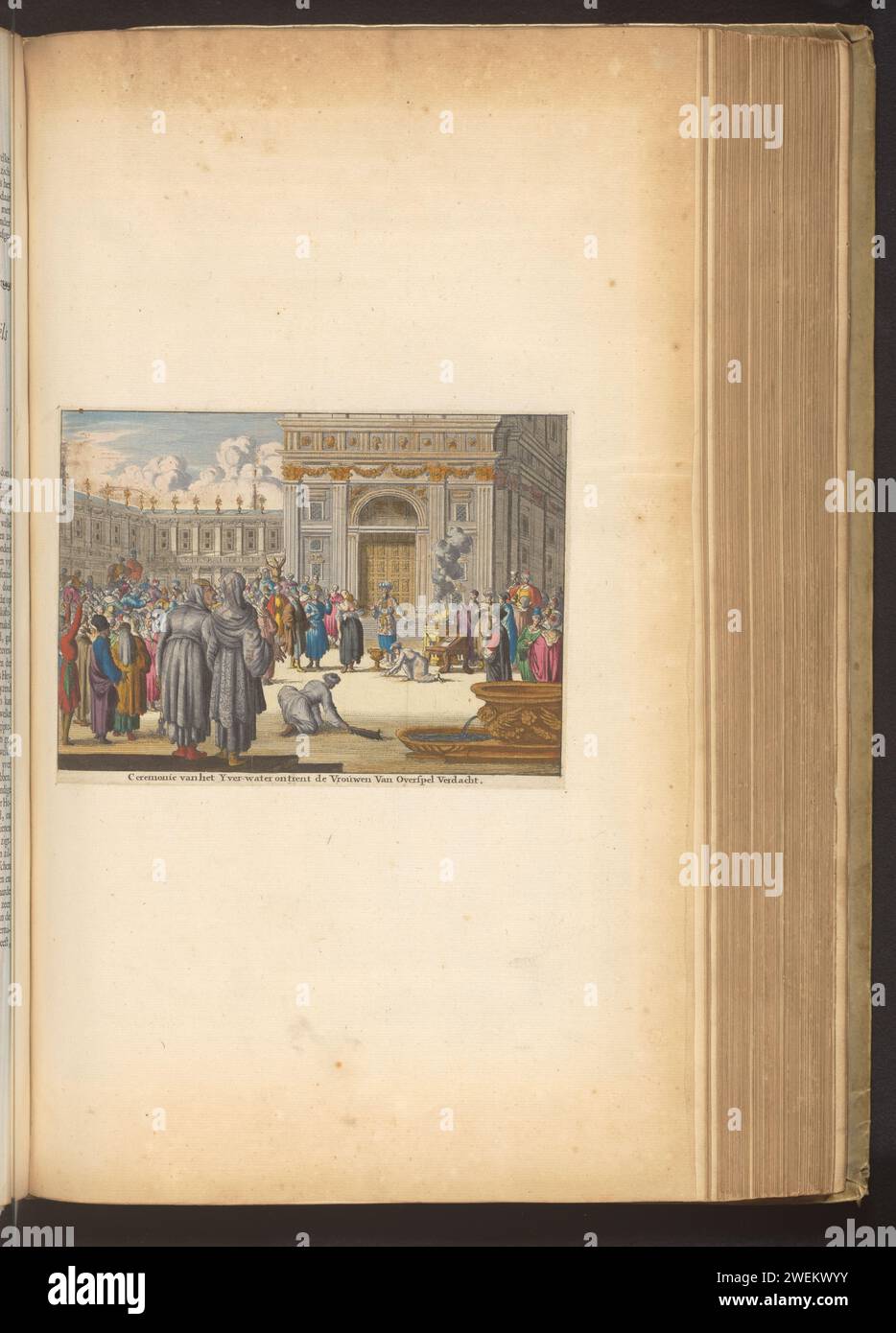 Cerimonia riguardante l'adulterio per le donne sospette, Jan Luyken, 1700 fogli stampati con un'impronta distribuita sulla cerimonia ebraica riguardante l'adulterio per le donne aderite. Leaf Between P. 110/111 nella prima parte della Bibbia stampata con l'Antico Testamento, pubblicata da Pieter Mortier, Amsterdam 1700. carta. vernice del ponte. Spazzolare / incidere le leggi ebraiche di pulizia e impurità. Pratiche religiose, culto, liturgia  religione ebraica. Ordealing an adulterous Woman (legge ebraica) Foto Stock