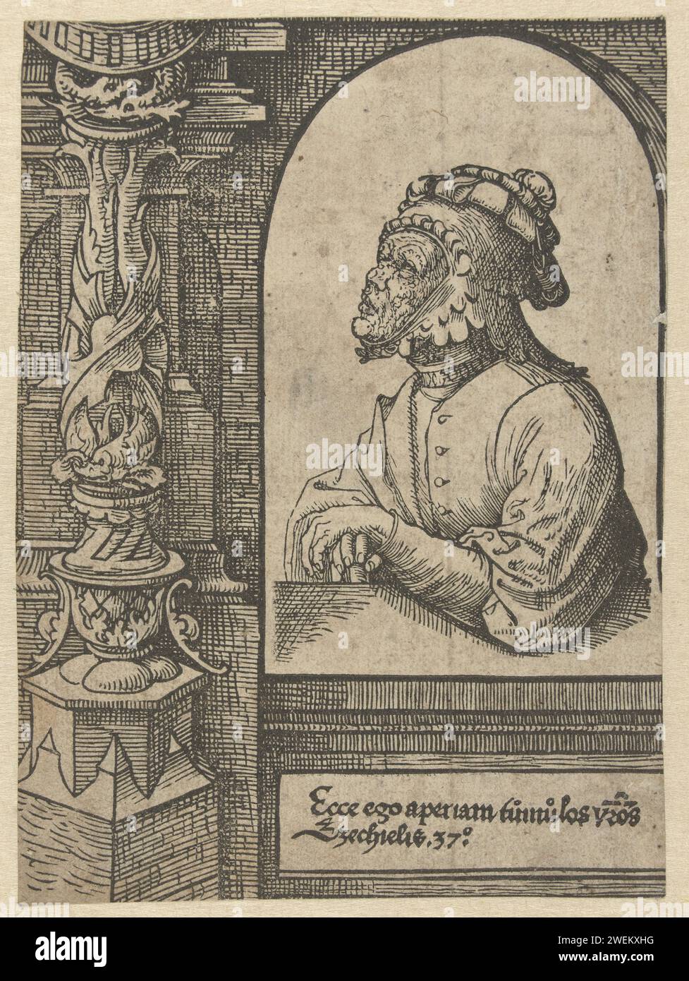 The Prophet Ezekiel, Jacob Cornelisz van Oostsanen, 1521 - 1525 stampa Prophet Ezekiel, Ten Halven Lijve, in Rondboog with below rule from Bible book Ezekiel, verse 37. Decorazione ornamentale sinistra. Ezechiele su carta (non in contesto biblico); attributi possibili: Libro o scorrimento, doppia rotella Foto Stock