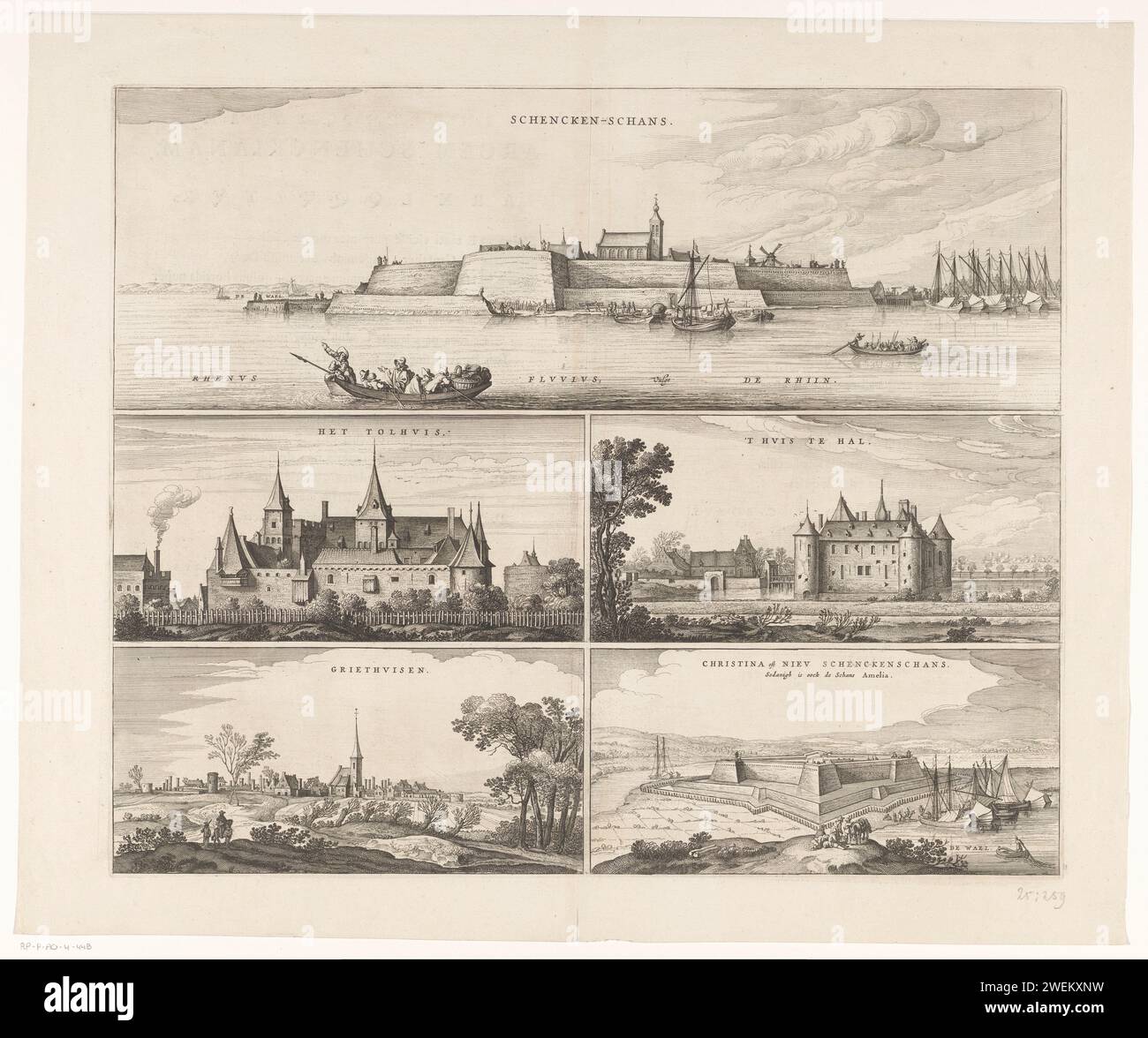 Leaf with Schenkenschans and other Face, 1635, Anonymous, after Claes Jansz. Visscher (II), 1652 stampa Foglia con un volto su Schenkenschans e altre quattro facce sul Tolhuis, Huis a Hal, Fort Christina (nuovi Schenskhans) e il villaggio di Griethuizen (Griethausen). Stampa come risultato dell'assedio e dell'acquisizione di Schenkenschans da parte dell'esercito di Stato al comando di Frederik Hendrik, 1635-1636. Sul testo verso Latin. Incisione/incisione su carta/stampa di tipografie fortificazioni, ingegneria militare Schenkenschans. Tolhuis. Griethausen. Nuovo Schenschans Foto Stock