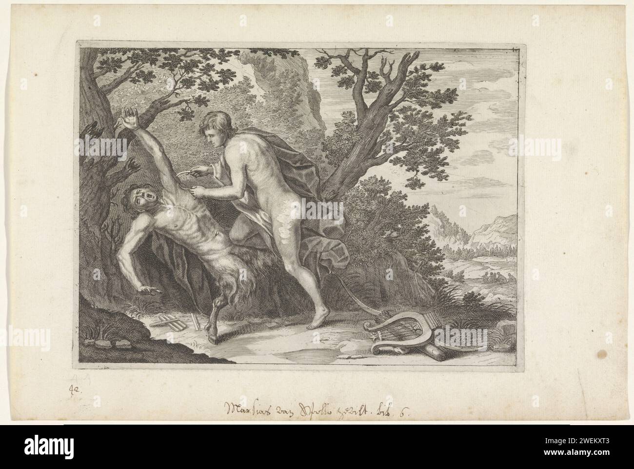 Apollo VILT Marsyas, c. 1636 - 167 stampa Apollo felpa il Sater Marsyas vivo mentre è legato ad un pino. Il suo fischio rotto è sotto Marsyas. Davanti agli attributi di Apollo. Incisione di carta punizione di Marsyas: È scoraggiato da Apollo Foto Stock