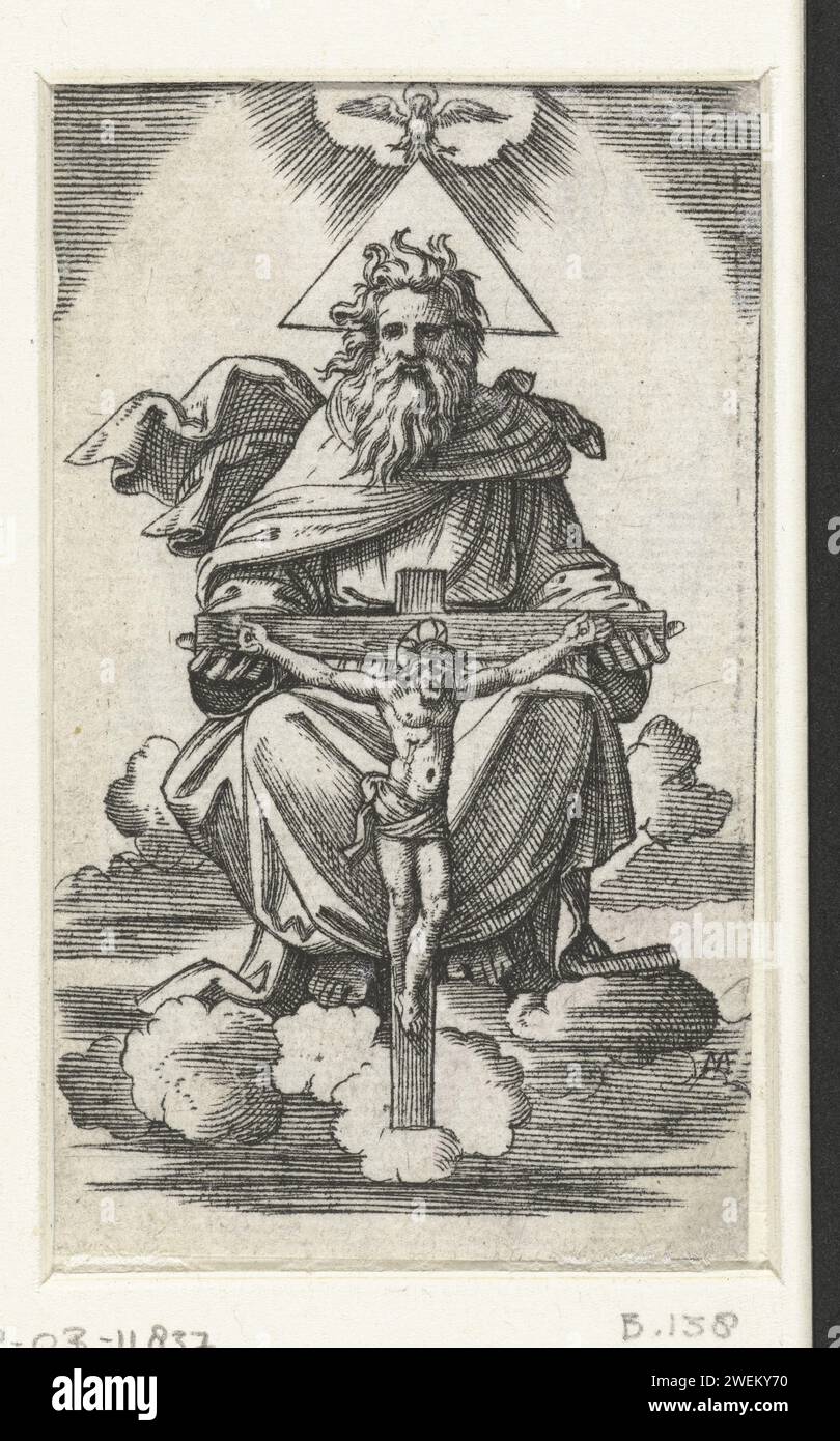 Heilige Drieëenheid, Marcantonio Raimondi, 1500 - 1527 carta stampata che incide Dio padre che tiene il crocifisso, 'Gnadenstuhla', sede della Misericordia, Trono della Grazia Foto Stock