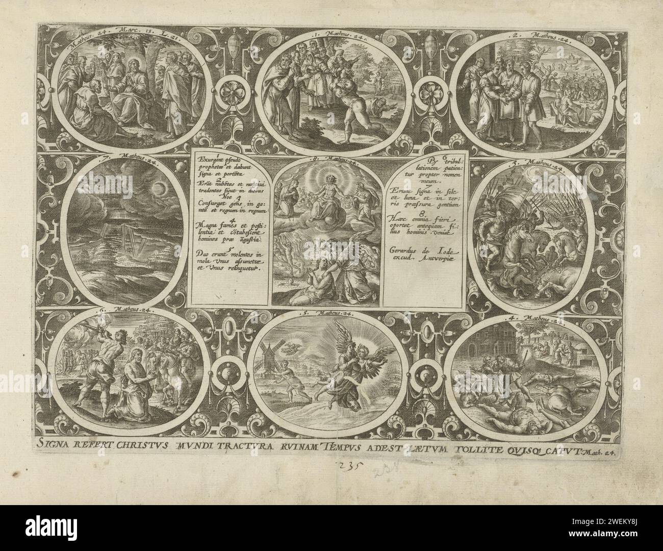 Segni che indicano la rovina del mondo, Gerard de Jode, stampa 1547 - 1591 cornice ornamentale con otto medaglioni numerati con segni che indicano la caduta del mondo dal Vangelo di Matteo: Cristo con i suoi discepoli nella Hof van Getsemane; falsi profeti eseguono miracoli; la gente continua a festeggiare fino a quando Noè salì a bordo dell'Arca e spezzò il diluvio; i popoli si scontrano; le persone sono punite con la fame e l'angoscia; due donne corrono su un mulino, una di loro è presa; il padrone punisce il suo servo con la spada; al sole, le stelle cadono dal cielo e dal mo Foto Stock