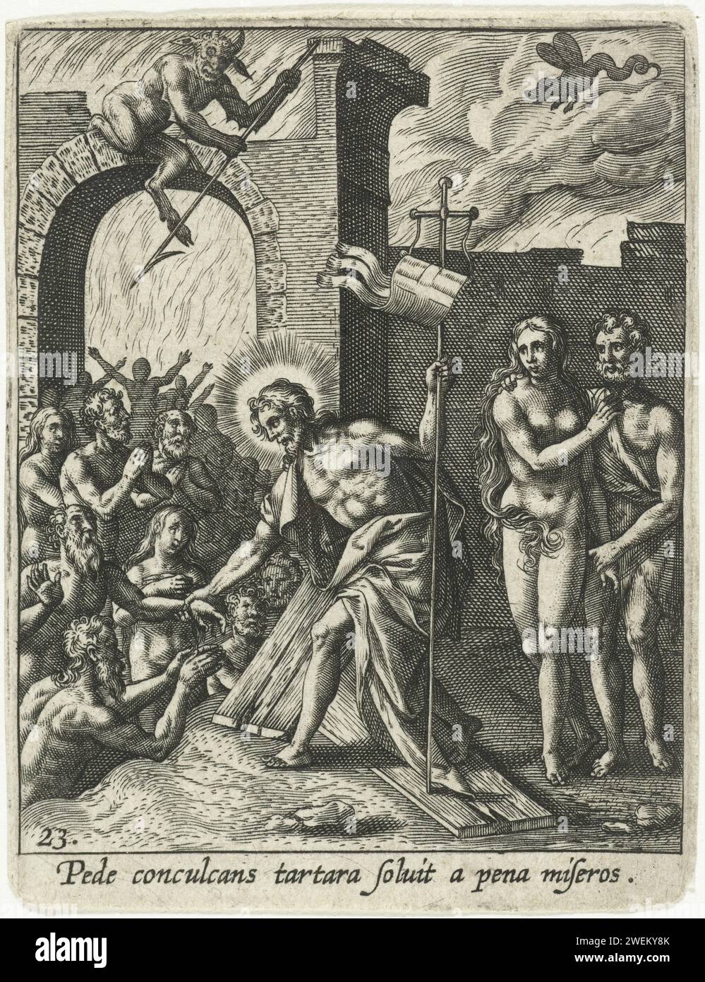 Cristo nel Breken, Adriaen Collaert, 1570 - 1618 stampa la discesa di Cristo nel pre-annoiato dopo la sua morte. Egli raggiunge la mano ai santi dell'Antico Testamento. Ha fissato la bandiera della resurrezione. Accanto a lui Adam ed Eva. La stampa ha una didascalia latina che incide Cristo nel mondo sotterraneo, straziante dell'inferno, Cristo nel Limbo, "descensus ad inferos", "Anastasis". Cristo lascia l'inferno: Libera patriarchi, profeti, re e altre persone dall'inferno, tra cui Adamo, Eva, Mosè, Davide, e Giovanni Battista Foto Stock