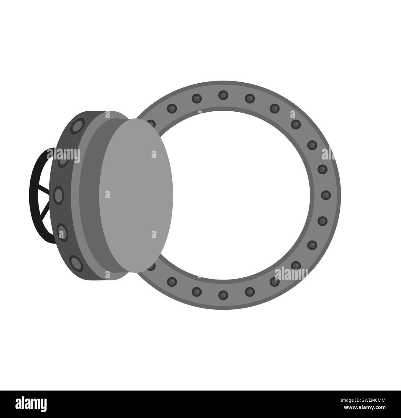 Porta del caveau dei soldi isolata. Grande porta a volta in ferro rotondo a prova di proiettile. Illustrazione Vettoriale