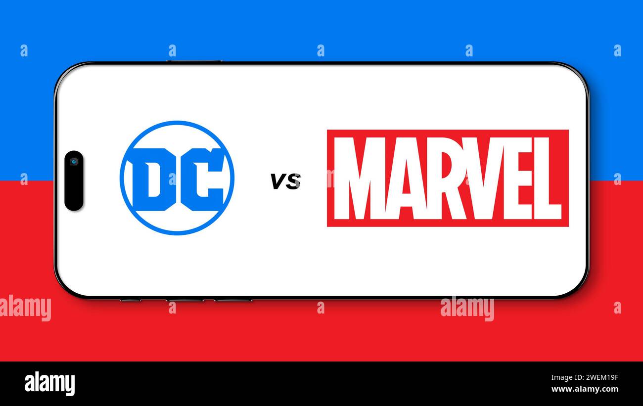 Istanbul, Turchia - 26 gennaio 2024: Logo del marchio DC vs Marvel sullo schermo di un telefono. Concetto di competitività su DC vs Marvel. Rappresentazione del busi Foto Stock
